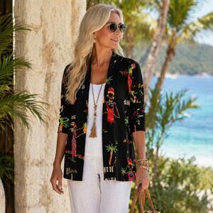 Chico’s Travelers Cardigan Size 1 Black Tropical Print Island Vacation Resort